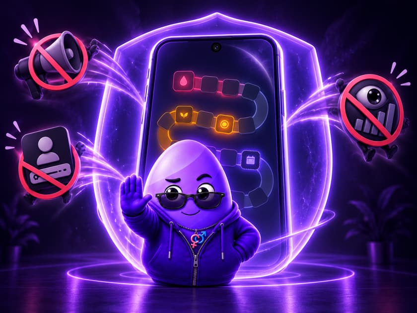 Der Egg-Advisor hebt abwehrend die Hand vor einem Telefon, das hinter einem leuchtenden Schutzschild das Zyklusband zeigt; drei durchgestrichene Zeichen laufen davon — ein Megafon, ein Benutzerkonto und ein Auge über einem Balkendiagramm.