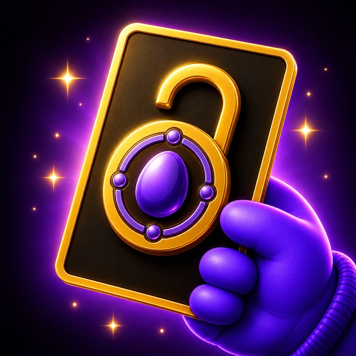 Der Egg-Advisor hält eine goldene Karte mit geöffnetem Schloss — das Symbol der einmaligen Freischaltung.