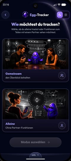 Auswahl zwischen gemeinsamem und alleinigem Tracken im dunklen EggClipse Design
