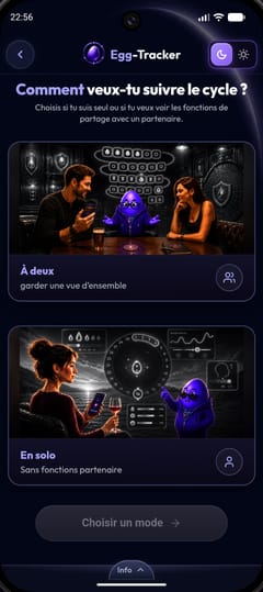 Choix entre le suivi à deux ou en solo dans le thème sombre EggClipse