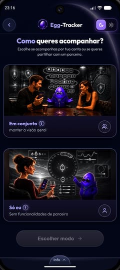 Escolha entre acompanhar em conjunto ou só eu, no tema escuro EggClipse