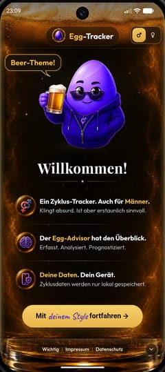 Willkommensbildschirm mit Egg-Advisor im Beer-Theme