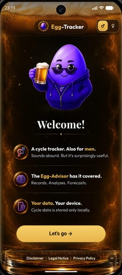 Welcome screen with the Egg-Advisor in the Beer theme