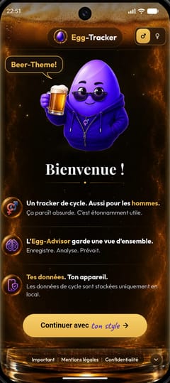 Écran d’accueil avec l’Egg-Advisor dans le thème Beer