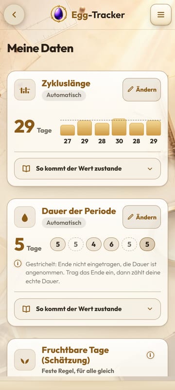 Die neue Seite „Meine Daten“ mit den Karten Zykluslänge und Dauer der Periode