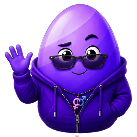 The Egg-Advisor, a purple egg in sunglasses and a hoodie, waving