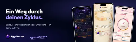 Banner „Ein Weg durch deinen Zyklus.“ mit Zyklusband, Monatskalender und Zyklusuhr auf drei Smartphones