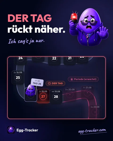 Motiv „DER TAG rückt näher. Ich sag’s ja nur.“ mit dem Egg-Advisor und einem Ausschnitt des Zyklusbands