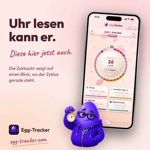 Motiv „Uhr lesen kann er. Diese hier jetzt auch.“ mit der Zyklusuhr und dem Egg-Advisor mit Taschenuhr